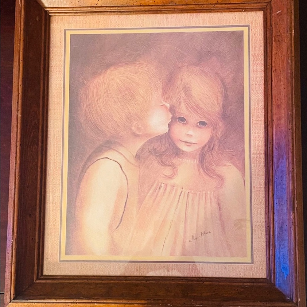 A Little Kiss Nicely Framed Print by Margaret Kane Boy Kissing Girl MCM Big Eyes